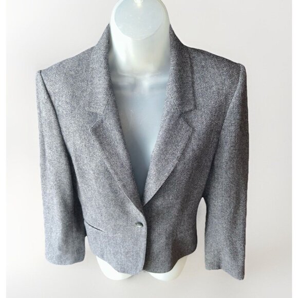 Saville Blazer Tweed Herringbone Jacket Womens Size 10 Petite Wool Grey Career - Picture 5 of 11